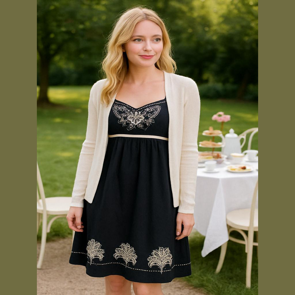 Anthropologie Moulinette Soeurs Embroidered Black Dress Size 8
